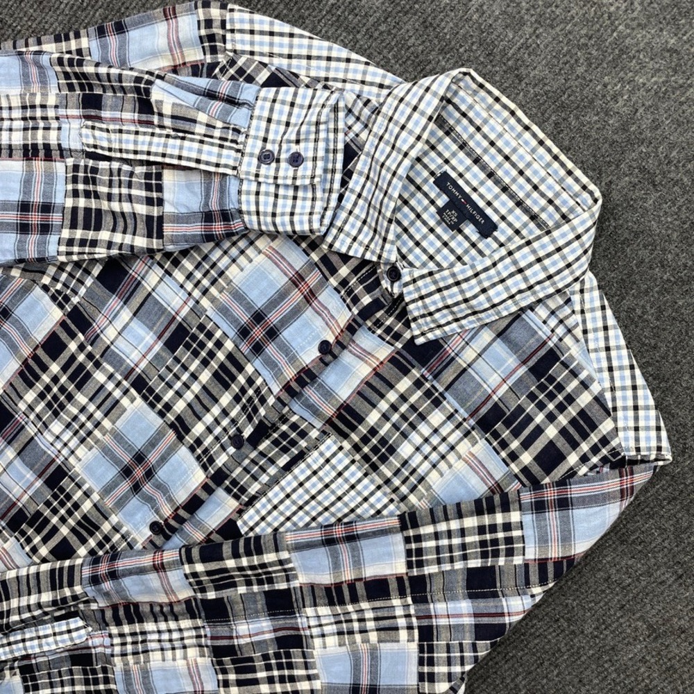 Tommy Hilfiger Patchwork Plaid Shirt Blue Navy XS Long Sleeve Preppy Y2K